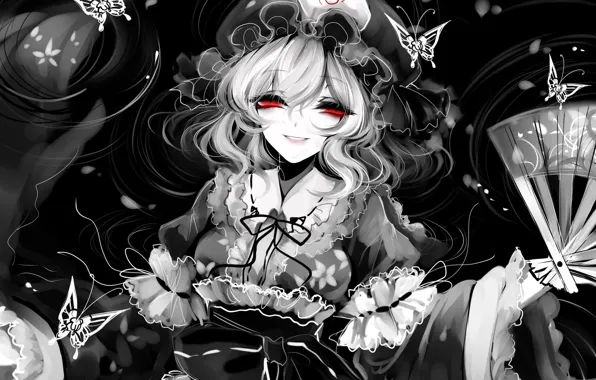 Девушка, бабочки, веер, рюши, Touhou, Yuyuko Saigyouji, Тохо, Тоухоу