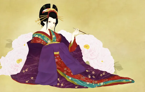 Девушка, цветы, фон, арт, гейша, мундштук, кимоно, пионы