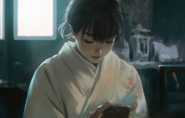 Картинка японка, окно, девочка, телефон, кимоно, азиатка, в комнате, art
