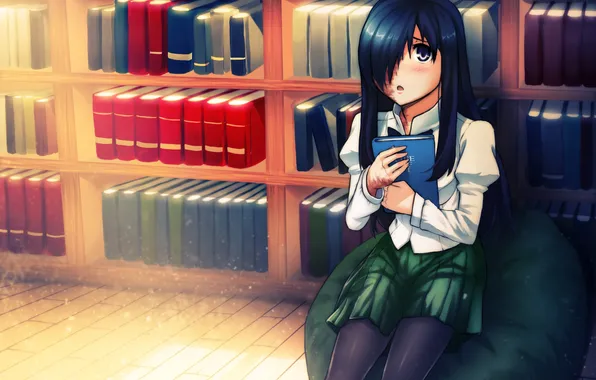Картинка девушка, солнце, книга, библиотека, game, сидя, katawa shoujo, ikezawa hanako