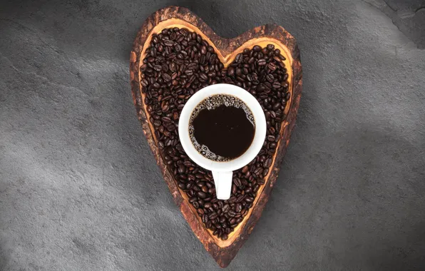Кофе, зерна, чашка, love, hot, heart, cup, beans