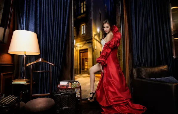 Картинка девушка, комната, брюнетка, азиатка, красное платье