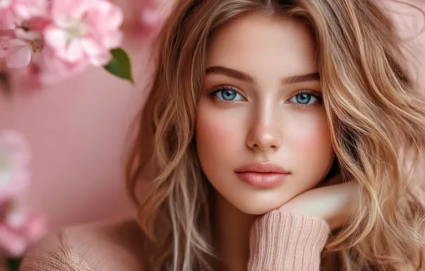 Взгляд, девушка, цветы, лицо, рука, портрет, блондинка, красотка