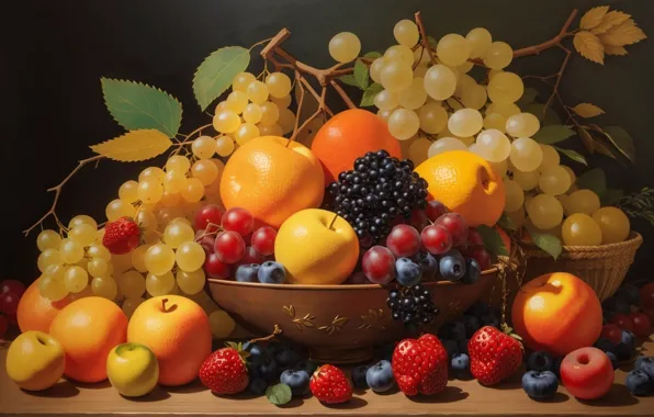 Листья, свет, ягоды, стол, яблоки, апельсины, черника, клубника