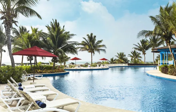 Пальмы, бассейн, Мексика, Юкатан, зонтики, курорт, Cancun, люксус