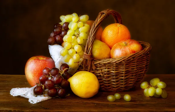 Стол, яблоки, доски, апельсины, виноград, фрукты, натюрморт, корзинка