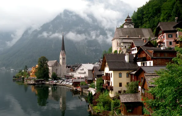 Горы, город, дома, Озеро, Австрия, Hallstatt, Гальштат, Халльштатт