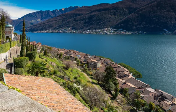 Картинка лес, солнце, деревья, горы, озеро, дома, Швейцария, Lake Lugano