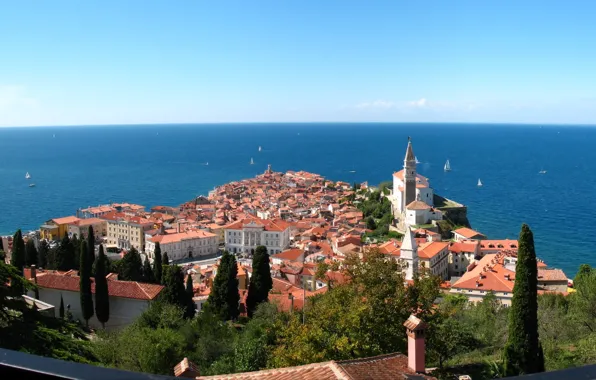 Море, город, панорама, Словения, Ядран, Пирань