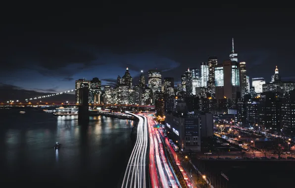 Картинка city, lights, USA, bridge, night, Manhattan, New - York, skycrapers