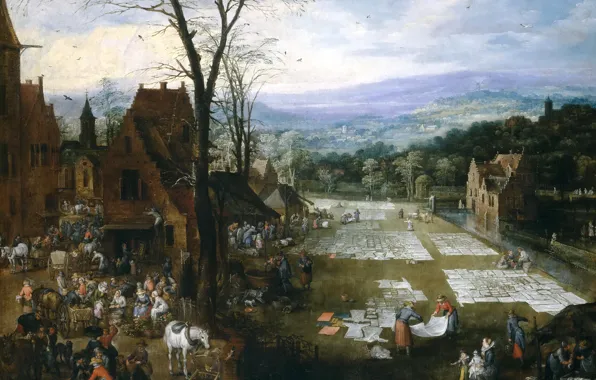 Картинка деревья, пейзаж, горы, дома, картина, жанровая, Ян Брейгель старший, Беление Холстов близ Рынка во Фландрии