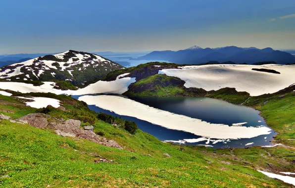 Картинка лед, зелень, снег, горы, озеро, холмы, высота
