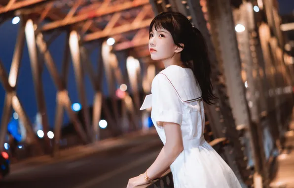 Beautiful, Asian, Model, Bridge, Smile, Night, Woman, Back