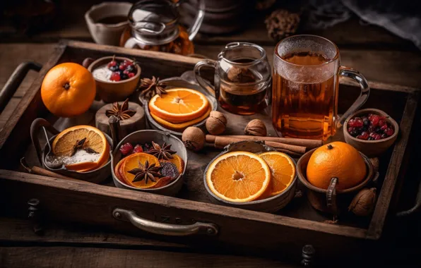 Стол, еда, апельсины, кружка, натюрморт, ящик, корица, дольки
