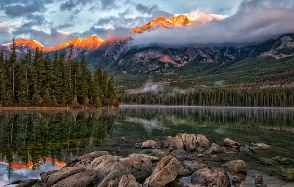 Лес, облака, деревья, закат, горы, озеро, камни, Jasper National Park