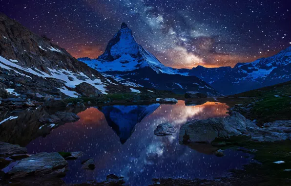 Картинка небо, звезды, снег, ночь, озеро, гора, Швейцария, Альпы