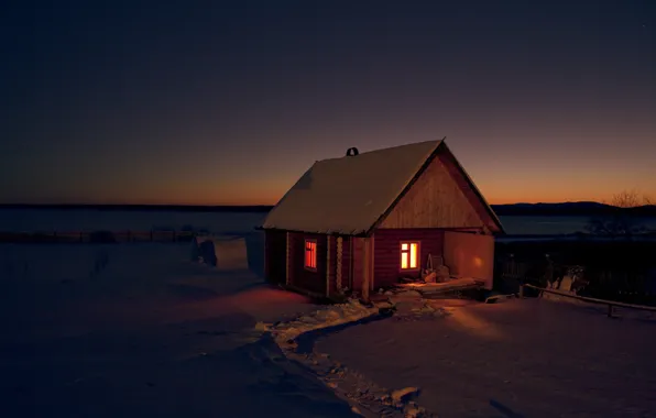 Картинка зима, поле, снег, ночь, природа, дом, темнота, обои