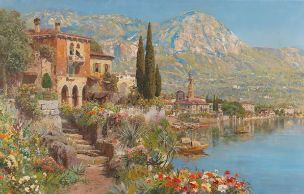 Alois Arnegger, Austrian painter, австрийский живописец, oil on canvas, Алоис Арнеггер, Вид Ривы на озере …