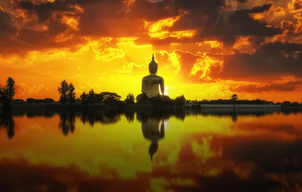 Картинка небо, облака, закат, озеро, отражение, огонь, зеркало, Будда