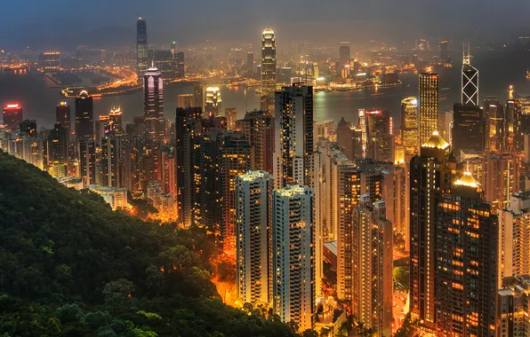 Город, огни, Гонконг, небоскребы, мегаполис