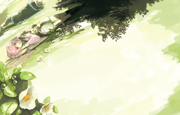 Картинка лето, девушка, цветы, поляна, тень, лёжа, kasuga nozomi, harukanaru toki no naka de