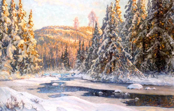 Картинка лед, зима, лес, свет, снег, пейзаж, река, елки