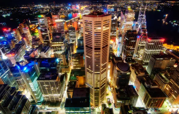 Ночь, город, огни, здания, Сидней, мегаполис, вид сверху, Sydney