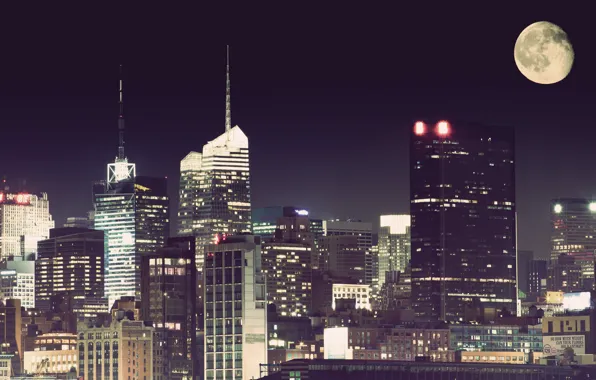Картинка ночь, город, луна, нью йорк