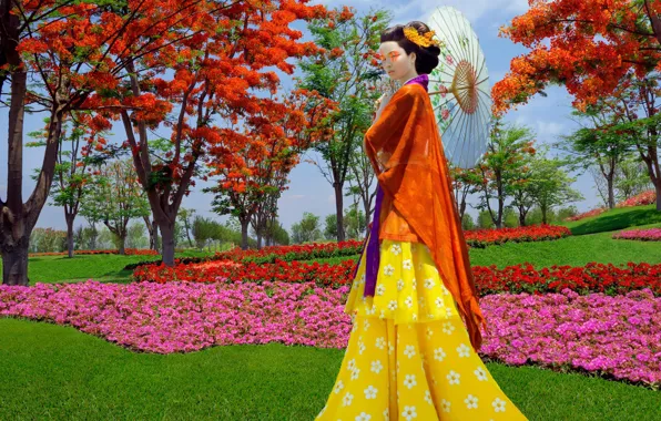 Картинка девушка, цветы, модель, зонт, Япония, сад, мода