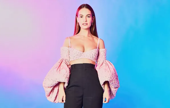 Поза, фон, фигура, актриса, топ, красивая, брюки, Lily James