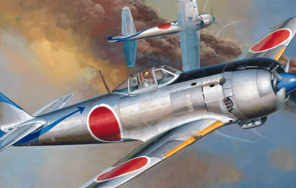 Картинка war, art, airplane, painting, ww2, Nakajima Ki-84