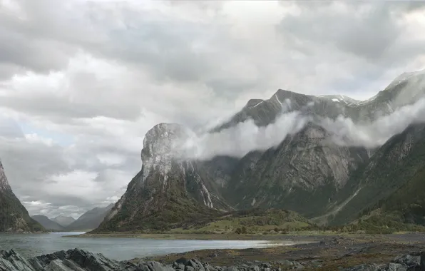 Картинка облака, горы, природа, водоём, Norwegian fjords and landscape