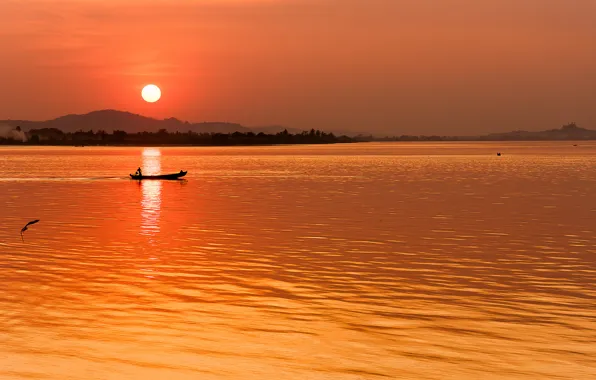 Картинка солнце, река, рассвет, лодка
