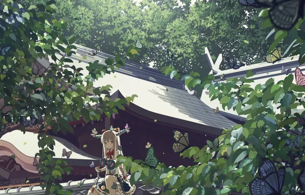 Крыша, девушка, деревья, бабочки, храм, Touhou Project, Suika Ibuki