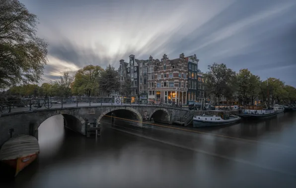 Bridge, water, Amsterdam, Netherlands, cloudy, canals