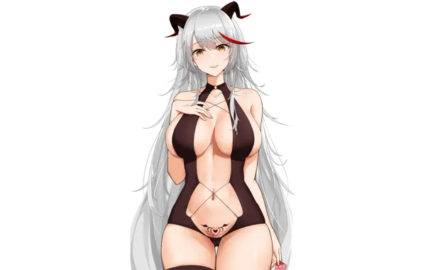 Girl, sexy, cleavage, horns, long hair, brown eyes, boobs, anime