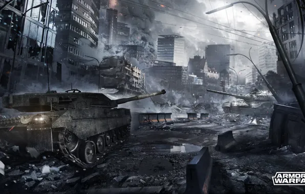 Картинка город, дым, дома, развалины, танки, Armored Warfare