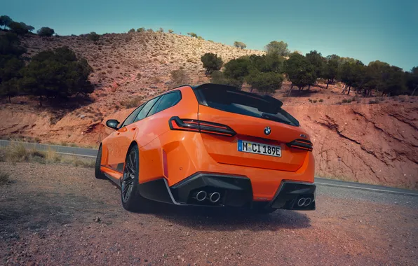 BMW, Orange, Clouds, Mountain, Road, Rear, M Performance, BMW M5 Touring
