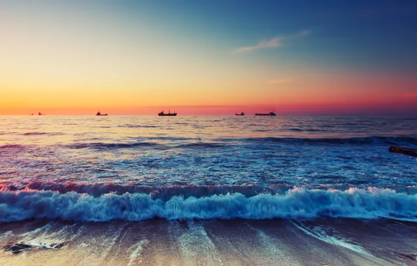 Картинка waves, sky, landscape, nature, water, sun, sunrise, horizon