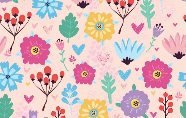 Цветы, текстура, flowers, ФОН, pattern, berries, Seamless