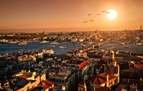 Картинка закат, city, город, здания, вечер, панорама, архитектура, Стамбул