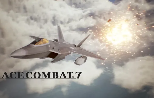 Картинка explosion, Clouds, F-22 Raptor, Aviation, Aircraft, Fighter Jet, Ace Combat, Ace Combat 7