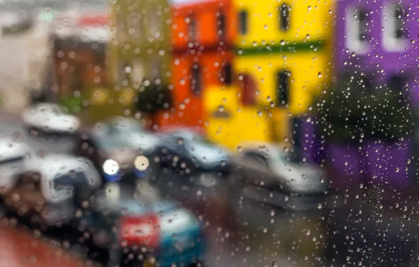 Картинка стекло, капли, макро, city, город, дождь, улица, glass