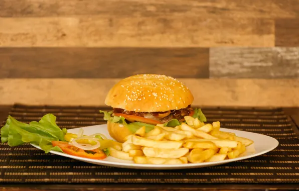 Hamburger, salad, sauce, french fries