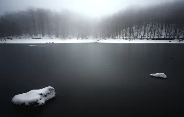 Картинка зима, туман, озеро