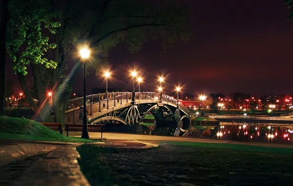 Картинка ночь, мост, город, фонари, канал, bridge, night, Town