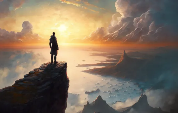 Картинка облака, скалы, мужчина, живопись, восход солнца, clouds, rocks, man