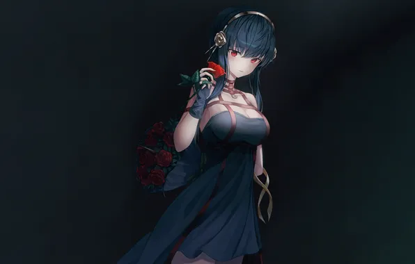 Girl, rose, sexy, cleavage, long hair, dress, boobs, anime