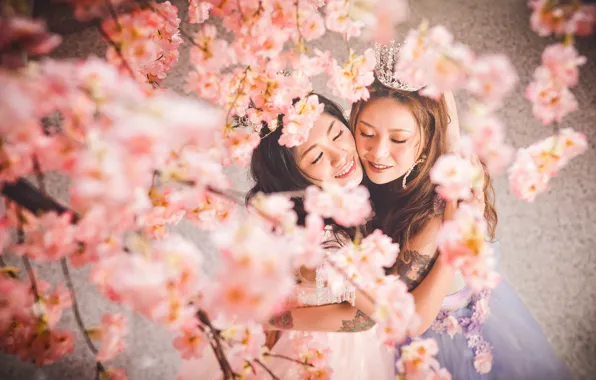 Цветы, улыбка, стиль, девушки, портрет, весна, корона, сакура