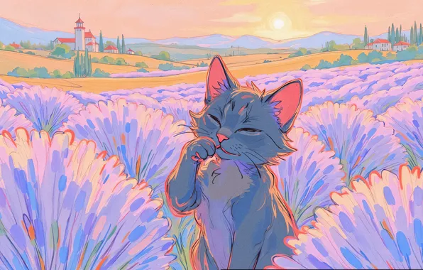 Кошка, лето, кот, солнце, цветы, природа, поза, серый